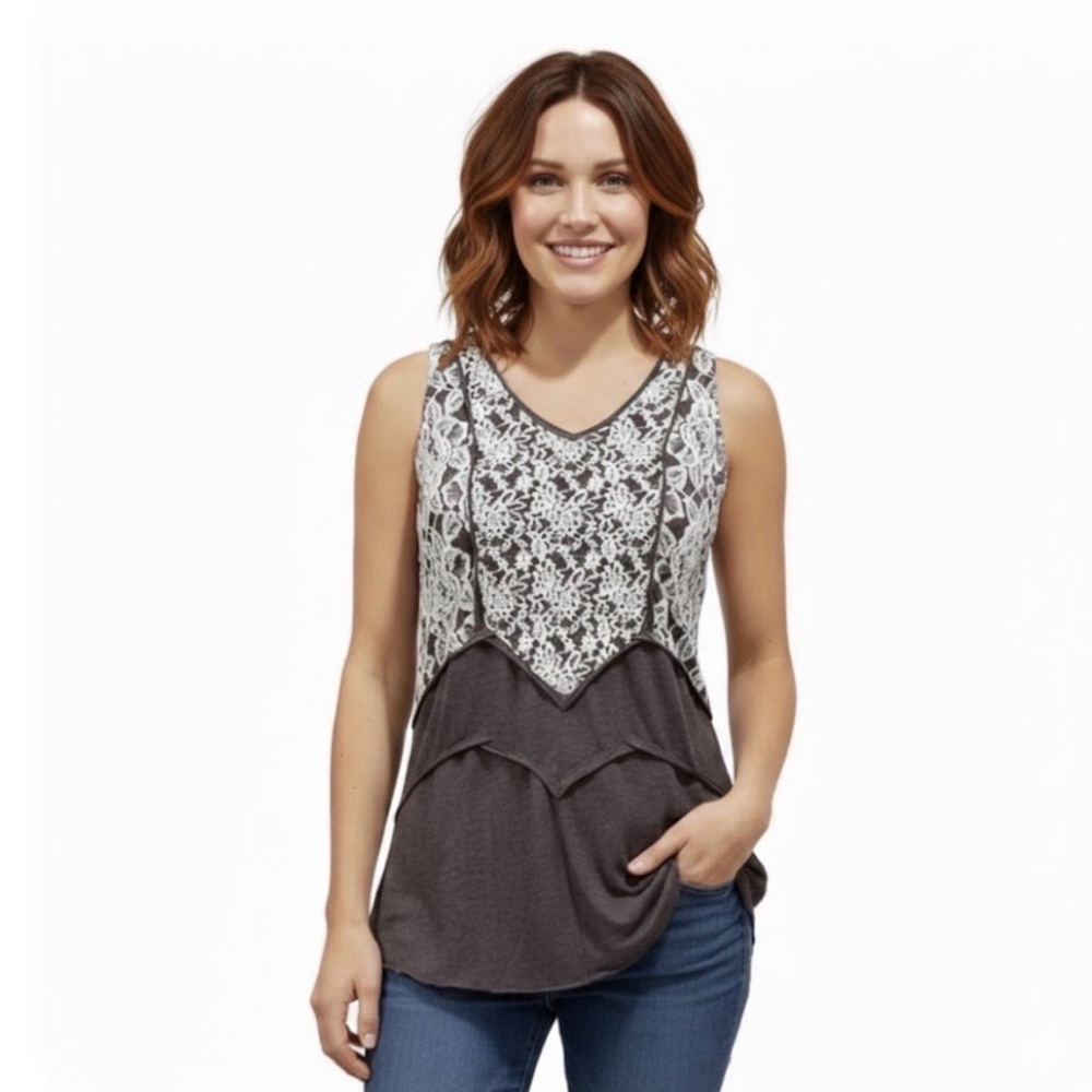 Mystree Brown Sleeveless Top with Ivory Lace Size Small - Picture 16 of 16
